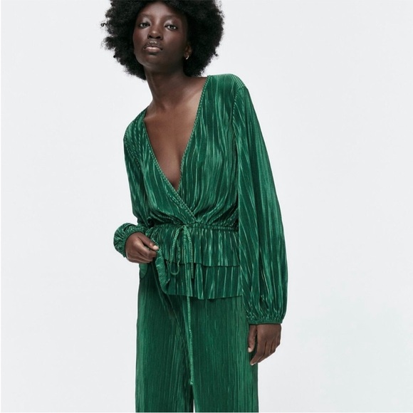 Zara Green Pleated Blouse S - Picture 2 of 12